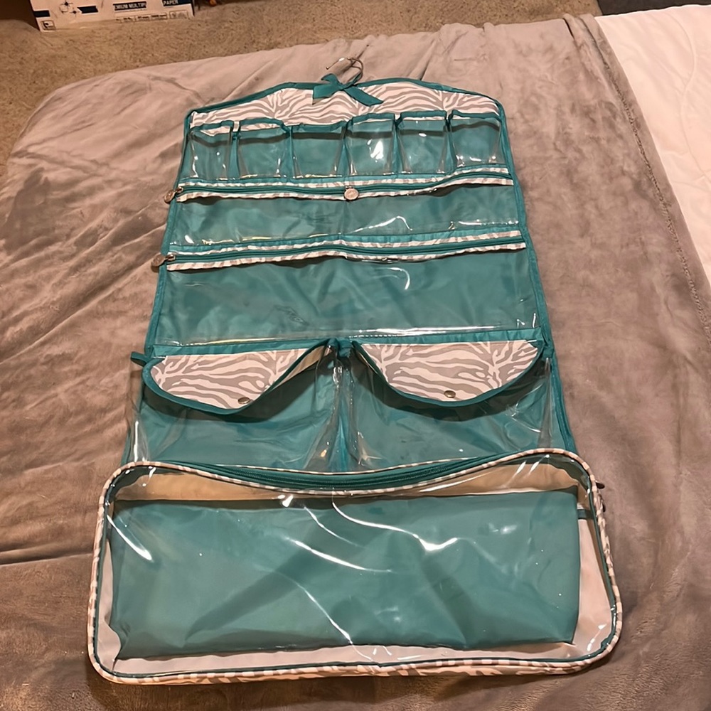 Tri-Costal Design Hanging Jewelry Holder. Aqua with White and Grey Zebra Stripes